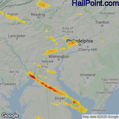 Hail Map for Wilmington, DE Region on August 28, 2020