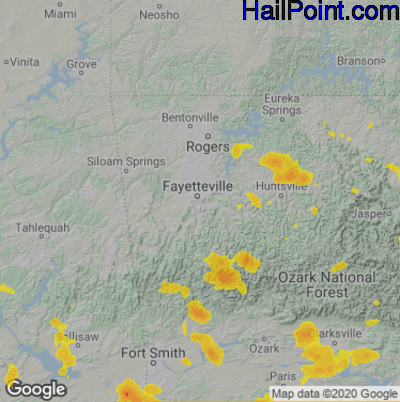 Hail Map for Fayetteville, AR Region on August 29, 2020