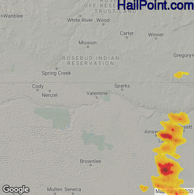 Hail Map for Valentine, NE Region on August 30, 2020