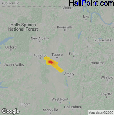 Hail Map for Tupelo, MS Region on September 1, 2020 