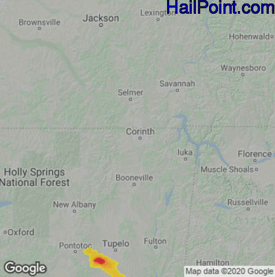 Hail Map for Corinth, MS Region on September 1, 2020 