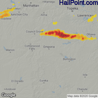 Hail Map for Emporia, KS Region on September 27, 2020