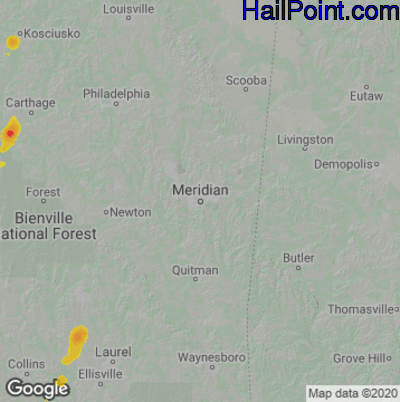 Hail Map for Meridan, MS Region on October 23, 2020