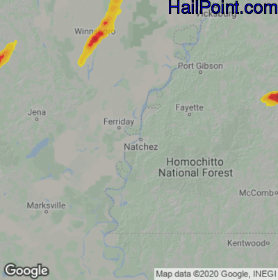 Hail Map for Natchez, MS Region on March 16, 2021 