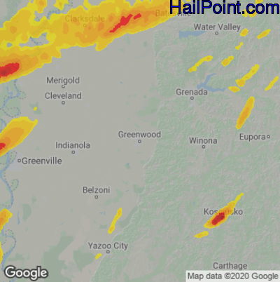 Hail Map for Greenwood, MS Region on March 16, 2021 