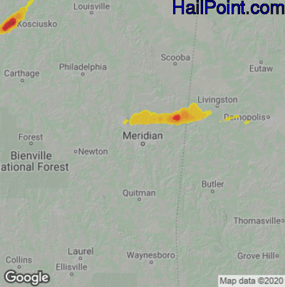 Hail Map for Meridan, MS Region on March 17, 2021