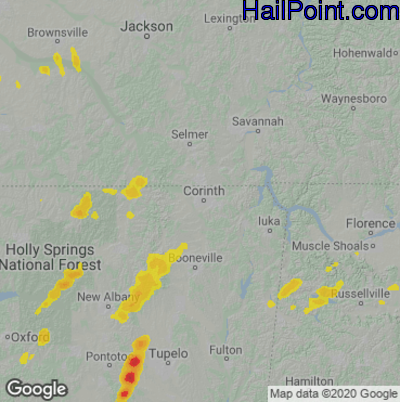 Hail Map for Corinth, MS Region on March 17, 2021