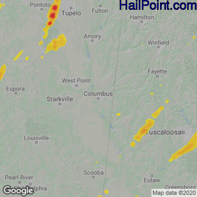 Hail Map for Columbus, MS Region on March 17, 2021