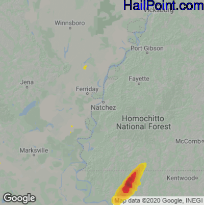Hail Map for Natchez, MS Region on March 25, 2021