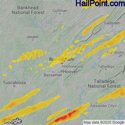 Hail Map for Birmingham, AL Region on March 25, 2021