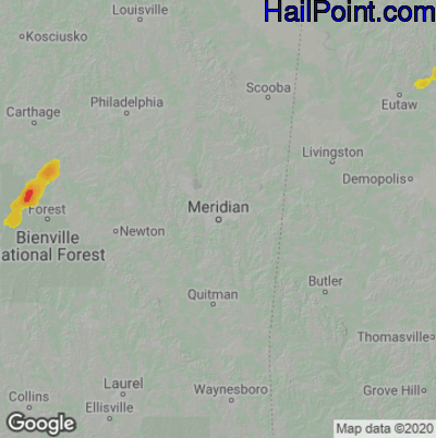 Hail Map for Meridan, MS Region on March 25, 2021