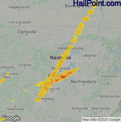 Hail Map for Nashville, TN Region on March 25, 2021 