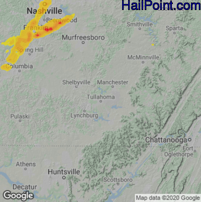 Hail Map for Tullahoma, TN Region on March 25, 2021