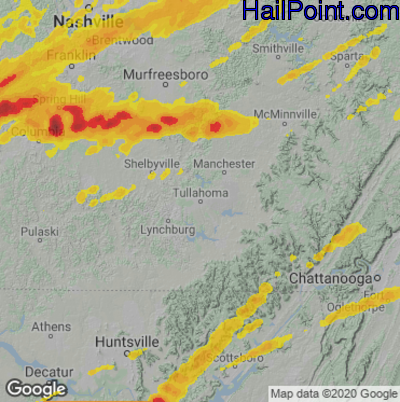 Hail Map for Tullahoma, TN Region on March 27, 2021