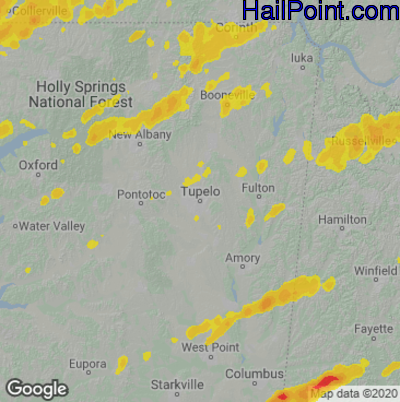 Hail Map for Tupelo, MS Region on March 27, 2021