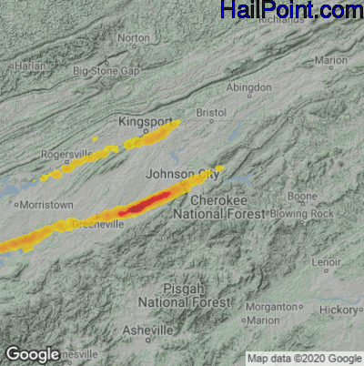 Hail Map for Johnson City, TN Region on March 27, 2021