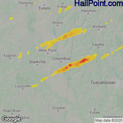 Hail Map for Columbus, MS Region on March 27, 2021 