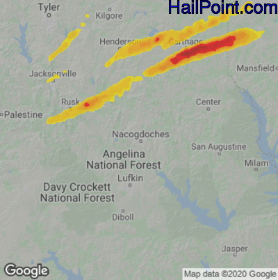 Hail Map for Nacogdoches, TX Region on March 27, 2021