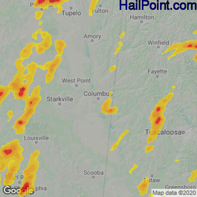 Hail Map for Columbus, MS Region on April 9, 2021