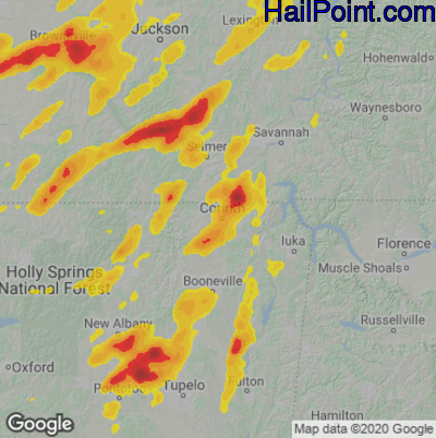 Hail Map for Corinth, MS Region on April 9, 2021