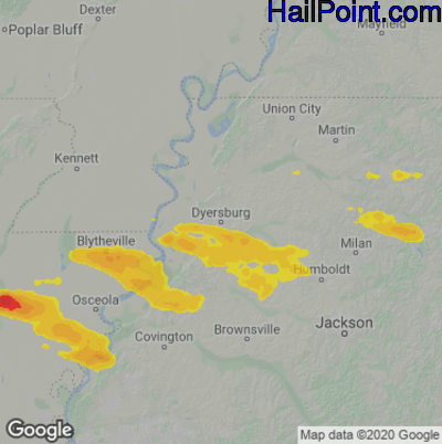 Hail Map for Dyersburg, TN Region on May 9, 2021