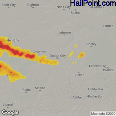 Hail Map for Dodge City, KS Region on May 25, 2021