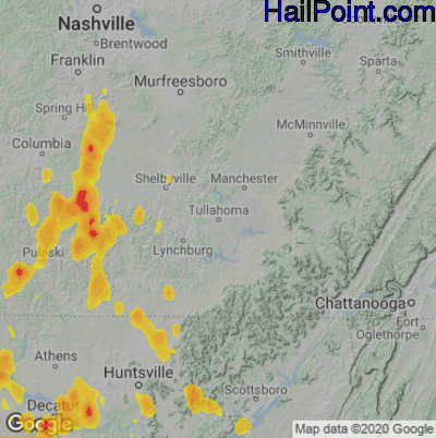 Hail Map for Tullahoma, TN Region on June 12, 2021 