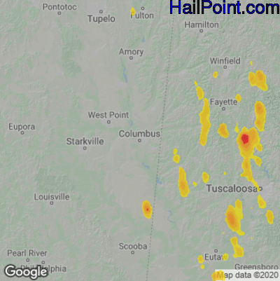 Hail Map for Columbus, MS Region on June 12, 2021