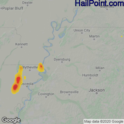 Hail Map for Dyersburg, TN Region on June 12, 2021