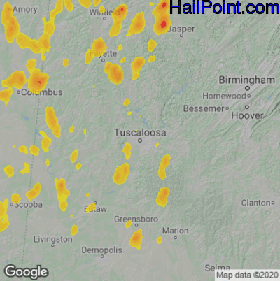 Hail Map for Tuscaloosa, AL Region on June 13, 2021
