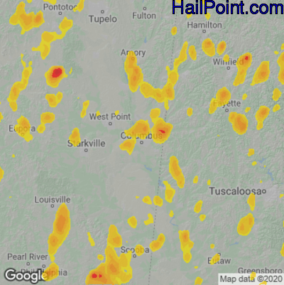 Hail Map for Columbus, MS Region on June 13, 2021