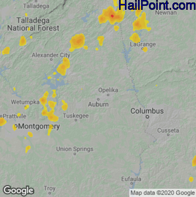 Hail Map for Auburn, AL Region on June 14, 2021