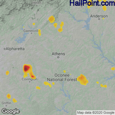 Hail Map for Athens, GA Region on June 14, 2021