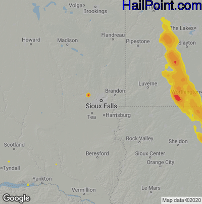 Hail Map for Sioux Falls, SD Region on June 16, 2021