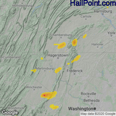 Hail Map for Hagerstown, MD Region on June 21, 2021
