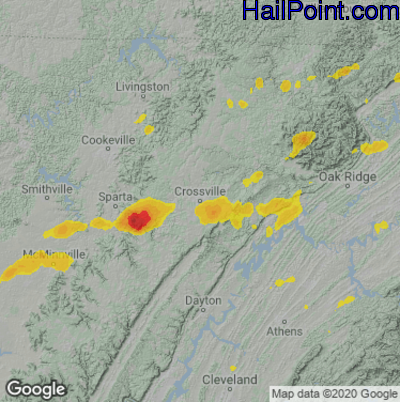 Hail Map for Crossville, TN Region on June 21, 2021