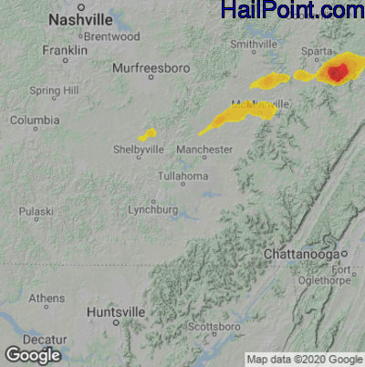 Hail Map for Tullahoma, TN Region on June 21, 2021