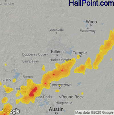 Hail Map for Killeen, TX Region on June 22, 2021