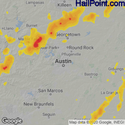 Hail Map for Austin, TX Region on June 22, 2021