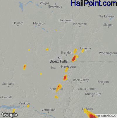 Hail Map for Sioux Falls, SD Region on June 22, 2021