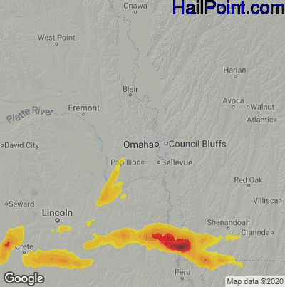 Hail Map for Omaha, NE Region on June 24, 2021