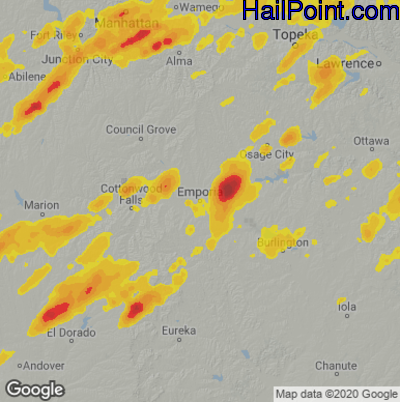Hail Map for Emporia, KS Region on June 25, 2021