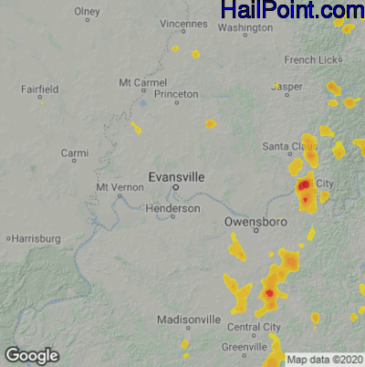 Hail Map for Evansville, IN Region on June 29, 2021