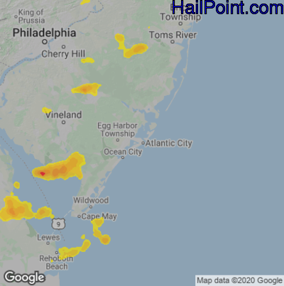 Hail Map for Atlantic City, NJ Region on July 1, 2021