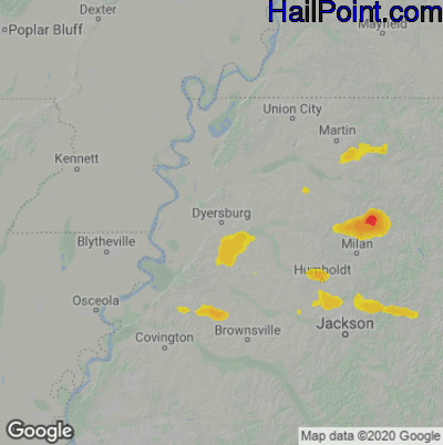 Hail Map for Dyersburg, TN Region on July 9, 2021
