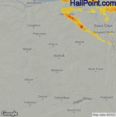 Hail Map for Norfolk, NE Region on July 9, 2021