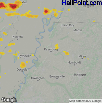 Hail Map for Dyersburg, TN Region on July 9, 2021 