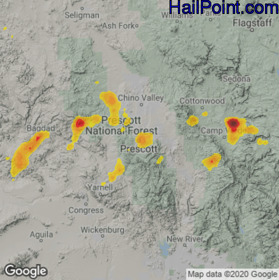Hail Map for Prescott, AZ Region on July 9, 2021