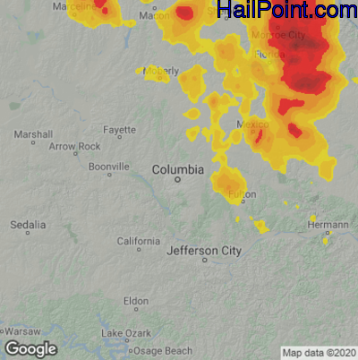Hail Map for Columbia, MO Region on July 10, 2021