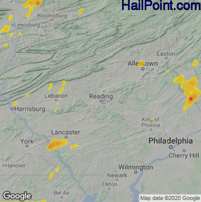 Hail Map for Reading, PA Region on July 17, 2021 